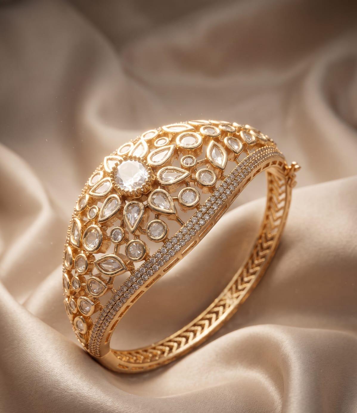 Premium Broad Kundan & American Diamond Gold Polish Kada( Fits Up to Size 2.6)