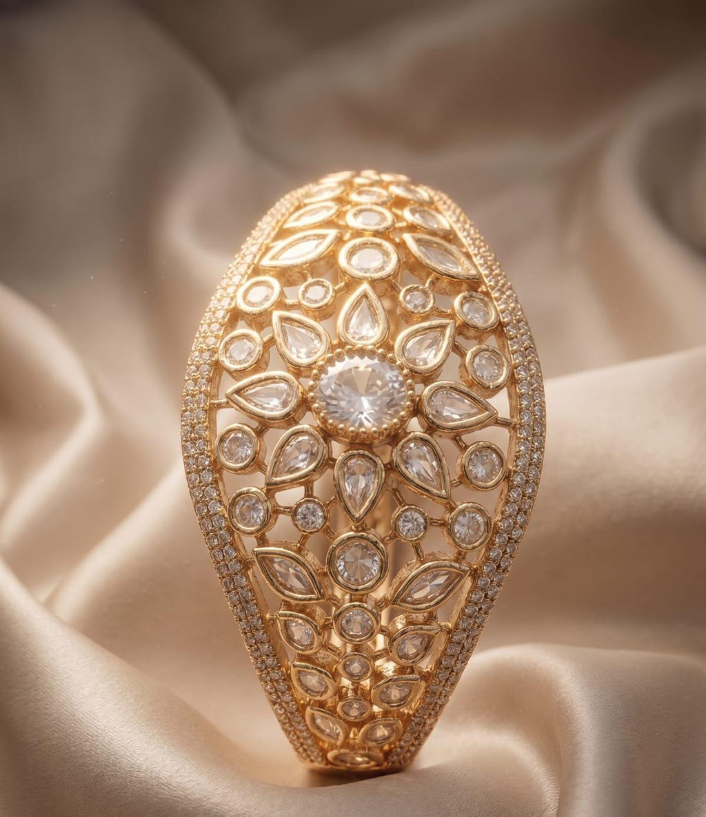 Premium Broad Kundan & American Diamond Gold Polish Kada( Fits Up to Size 2.6)