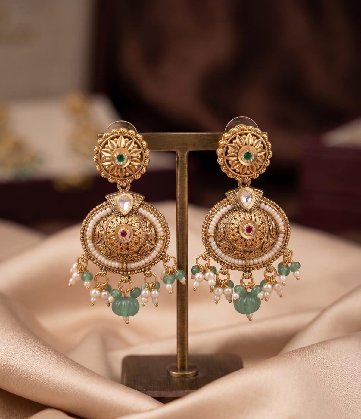 Royal Kundan Green Stone & Pearl Earrings