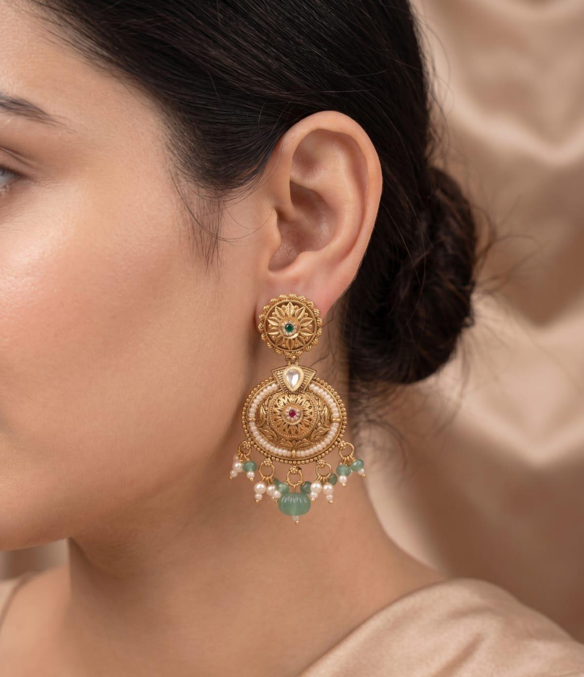 Royal Kundan Green Stone & Pearl Earrings