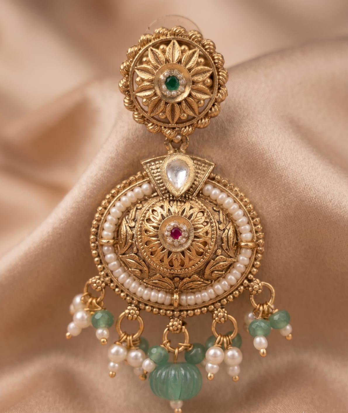 Royal Kundan Green Stone & Pearl Earrings