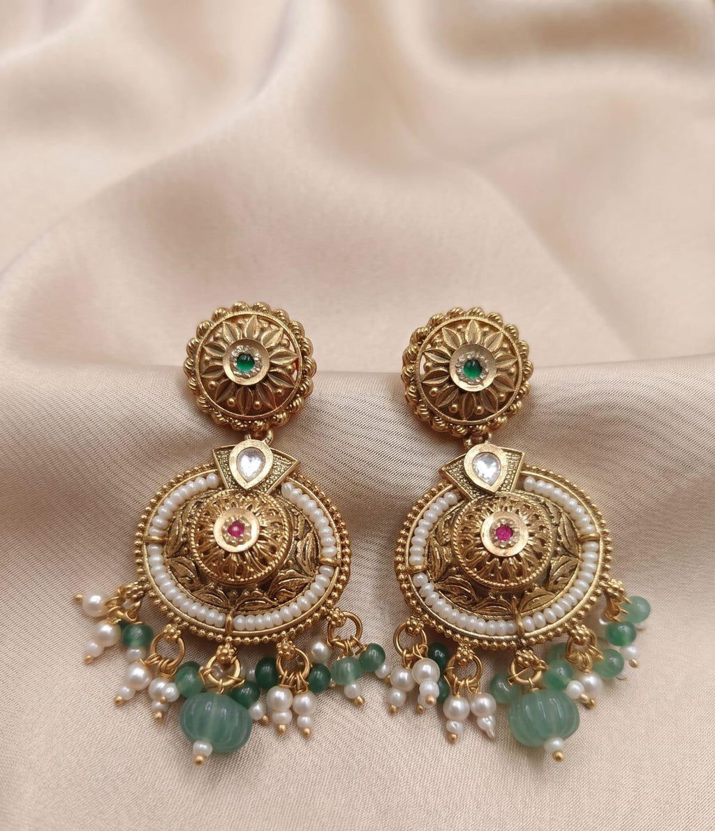 Royal Kundan Green Stone & Pearl Earrings