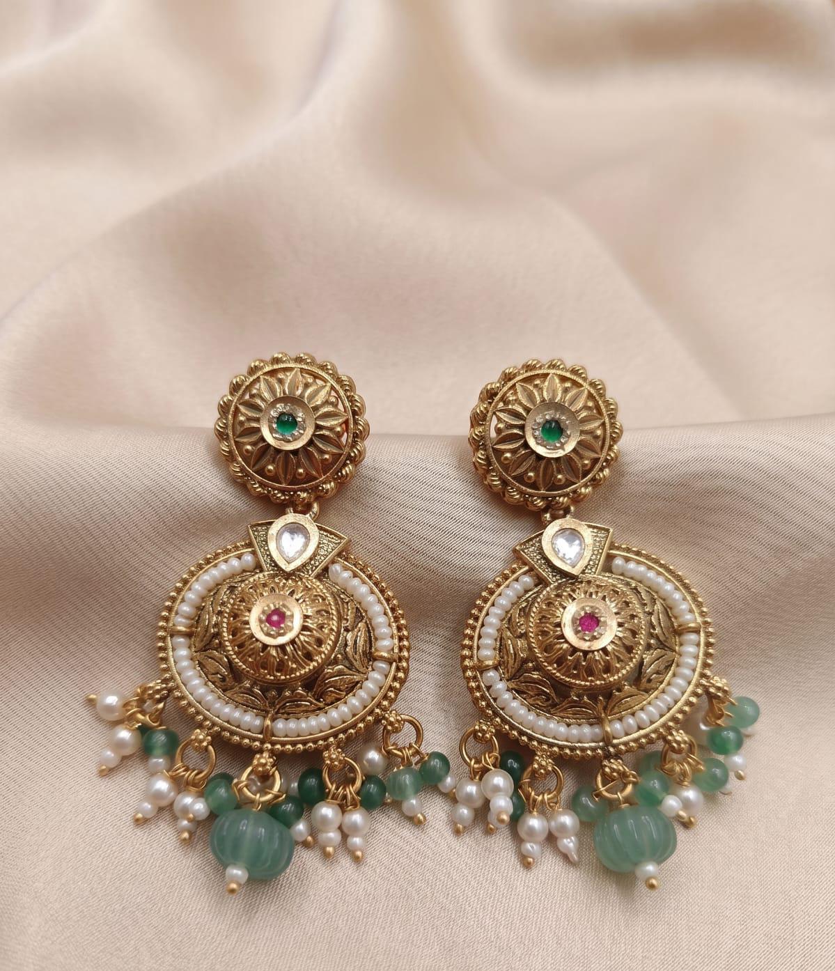 Royal Kundan Green Stone & Pearl Earrings