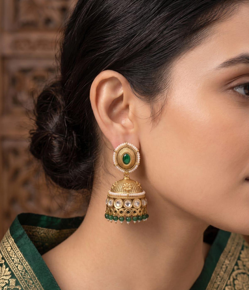 Medium Royal Kundan Jhumki with Green Beads