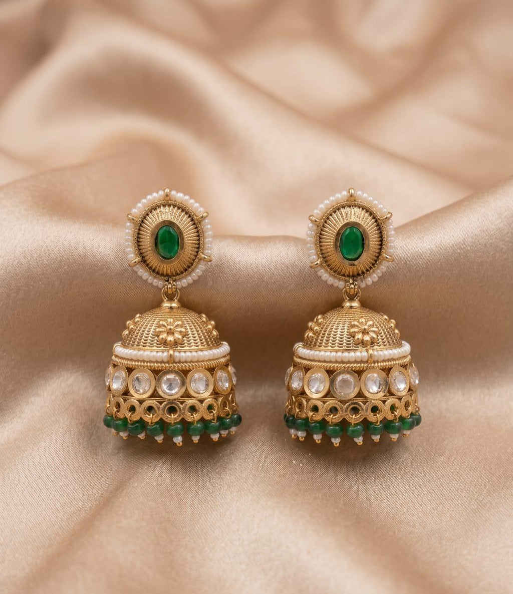 Medium Royal Kundan Jhumki with Green Beads