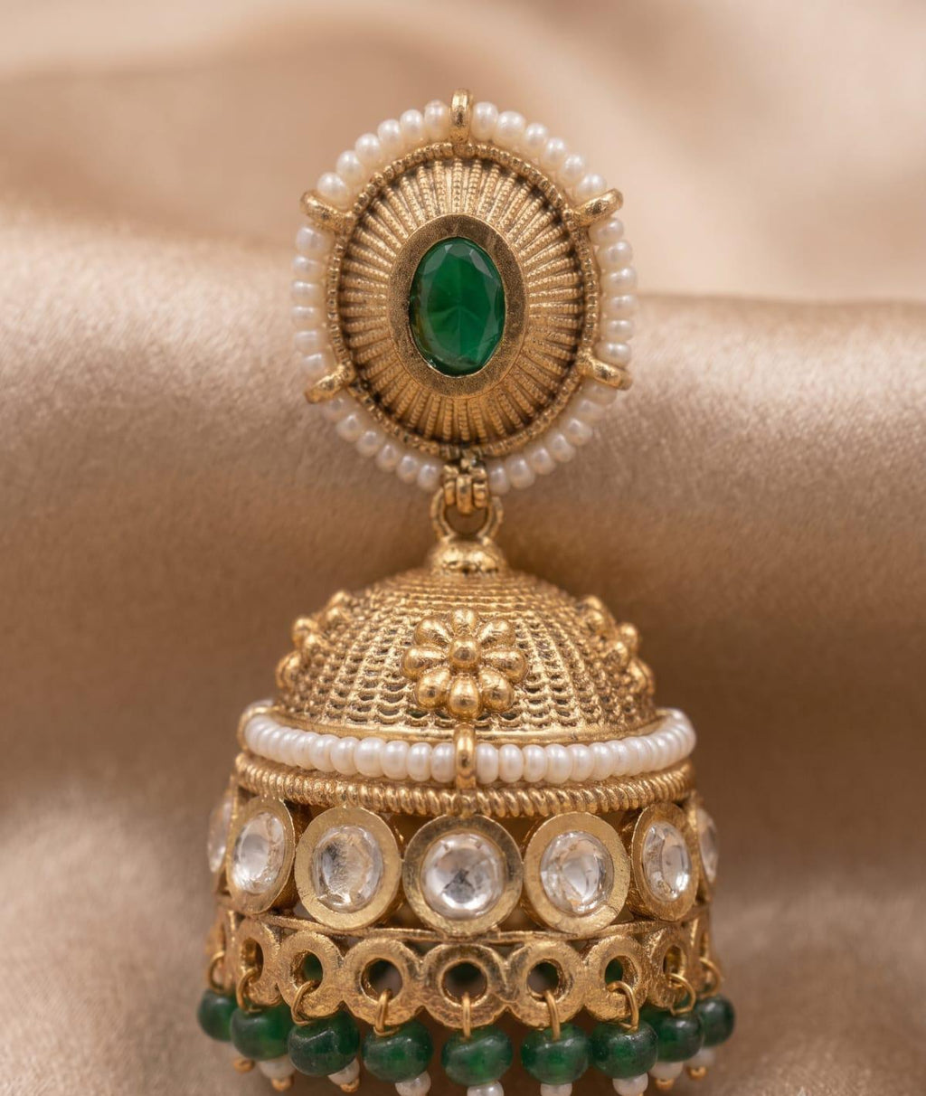 Medium Royal Kundan Jhumki with Green Beads