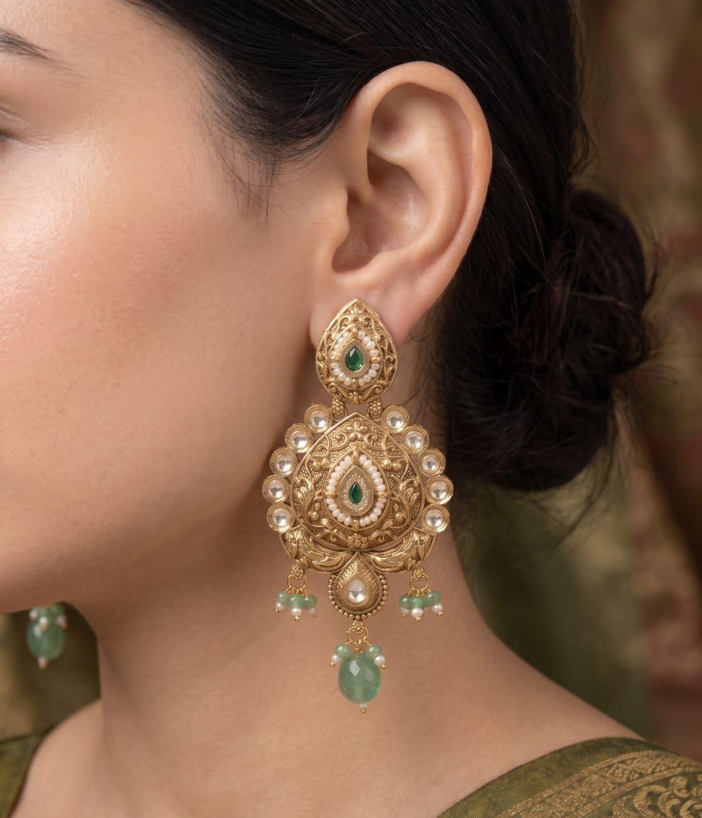 Premium Antique Kundan Green Stone Earrings