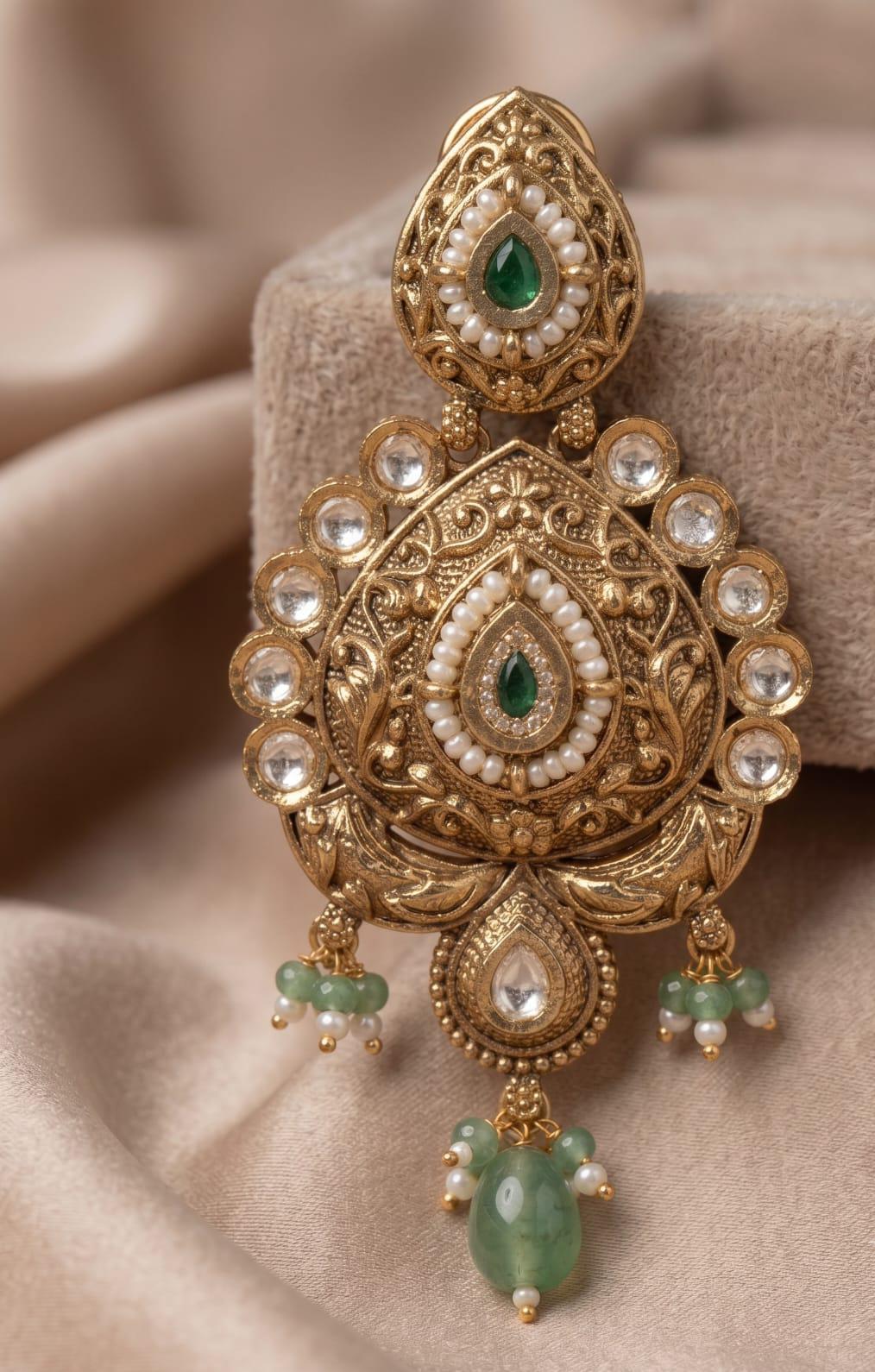 Premium Antique Kundan Green Stone Earrings