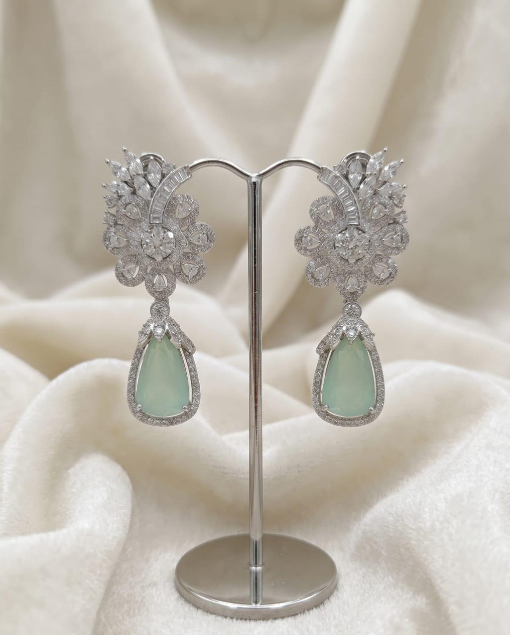 Mint Green Floral American Diamond Earrings