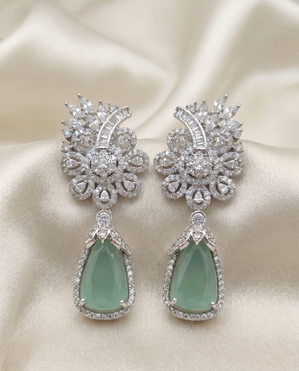 Mint Green Floral American Diamond Earrings