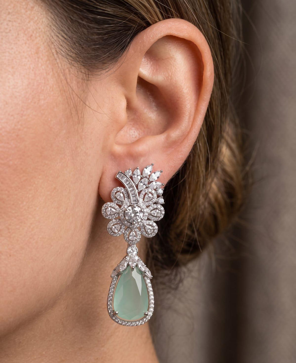 Mint Green Floral American Diamond Earrings