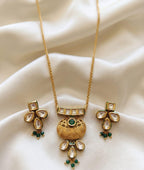 24 Carat Matt Gold Plated Emerald AC Kundan Necklace Set