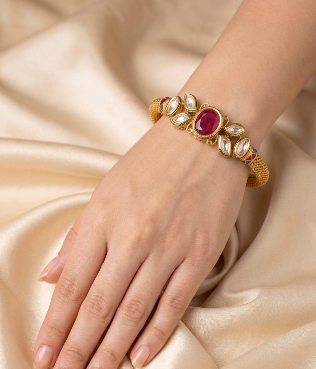 24K Gold-Plated Oval Ruby & AC Kundan Statement Bracelet