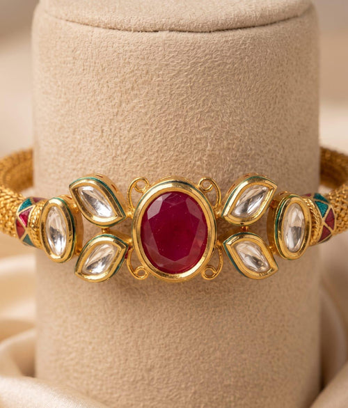 24K Gold-Plated Oval Ruby & AC Kundan Statement Bracelet