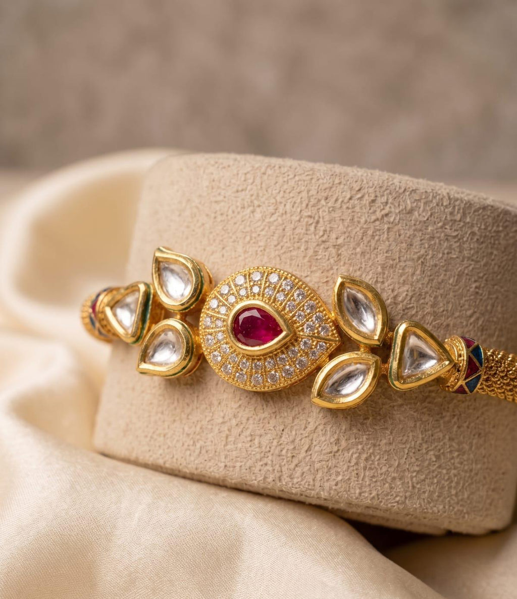 24K Gold-Plated Teardrop Ruby, AC Kundan & American Diamond Bracelet