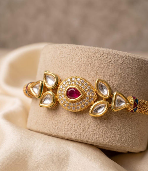 24K Gold-Plated Teardrop Ruby, AC Kundan & American Diamond Bracelet