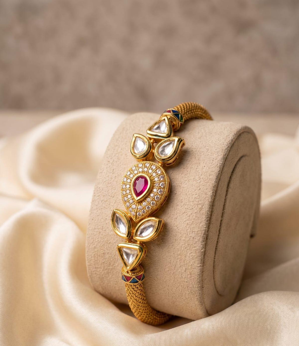 24K Gold-Plated Teardrop Ruby, AC Kundan & American Diamond Bracelet