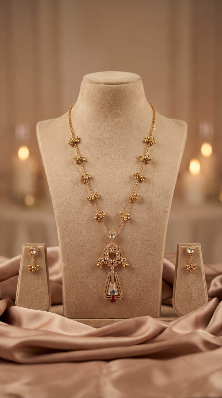 Gold necklace with a cross pendant on a mannequin bust, with earrings displayed below, against a soft blurred background.