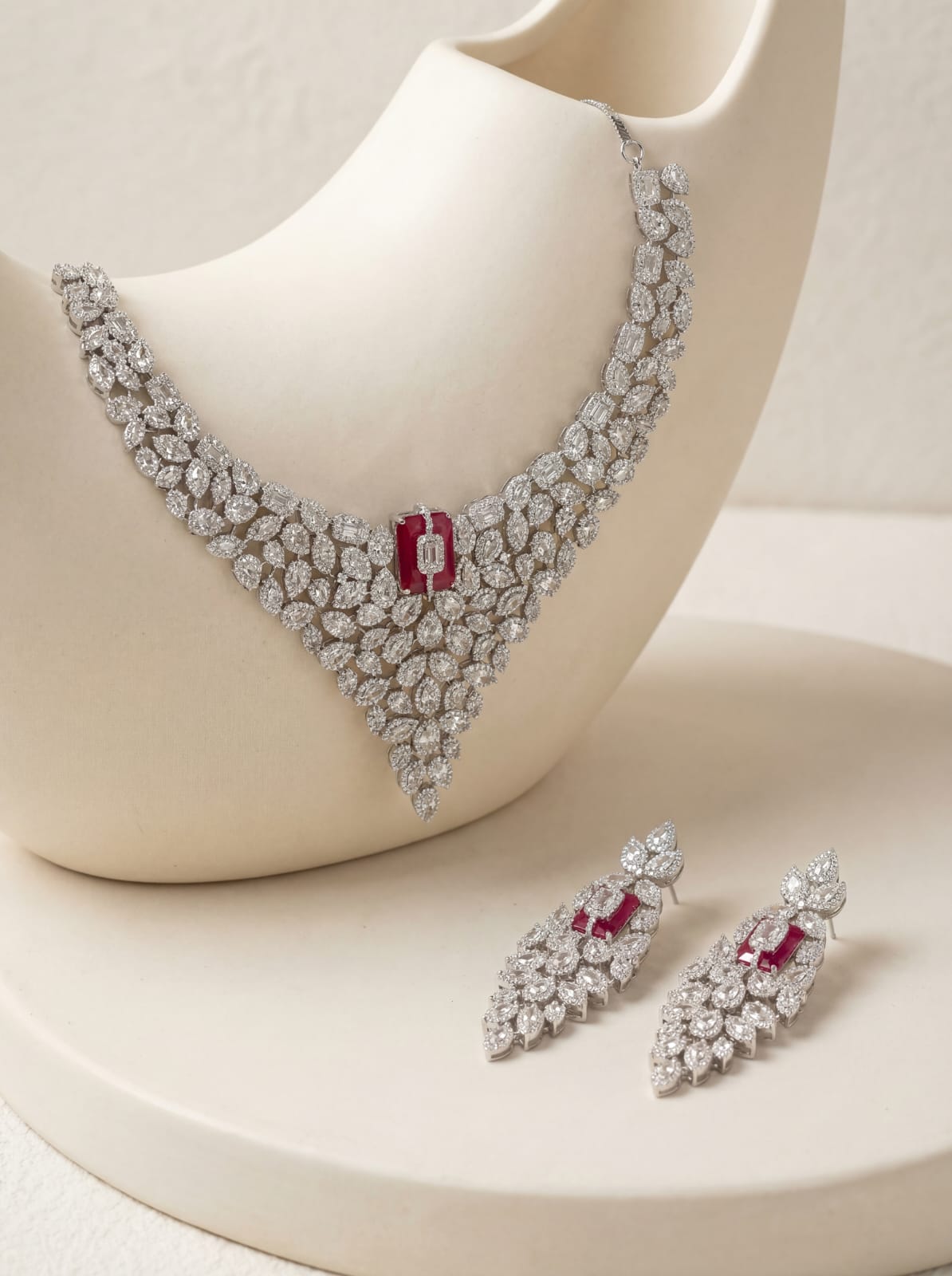 ✨ Regal Ruby-Inspired American Diamond Necklace Set (Silver Polish)