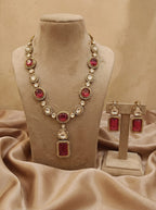 Antique Kundan and American Diamond Necklace with Ruby Accents - Handcrafted Bridal Jewelry Taksh Exclusive