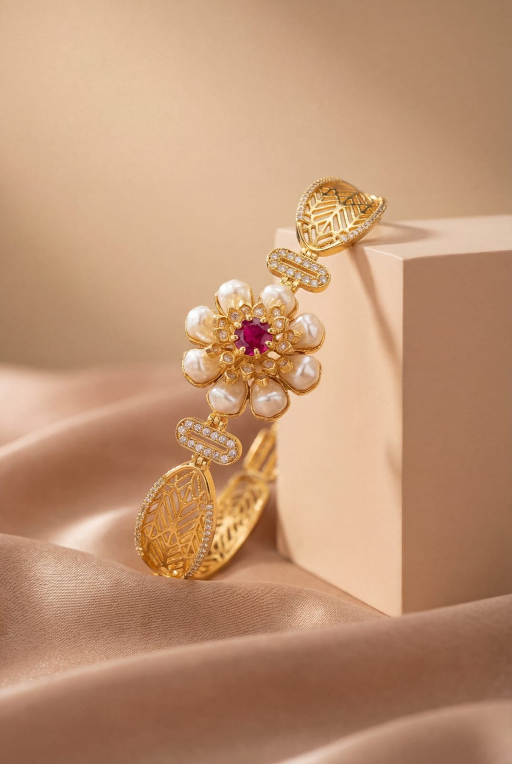 18 Carat Gold Plated Barukh Pearl Floral Bracelet - Elegant Anti-Tarnish Jewelry by Taksh Exclusive