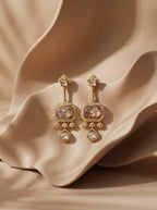 Gold plated kundan long earrings with pink shade marble stone and American diamond