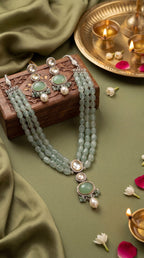 Mint Monalisa Kundan Necklace Set with Real Beads Mala