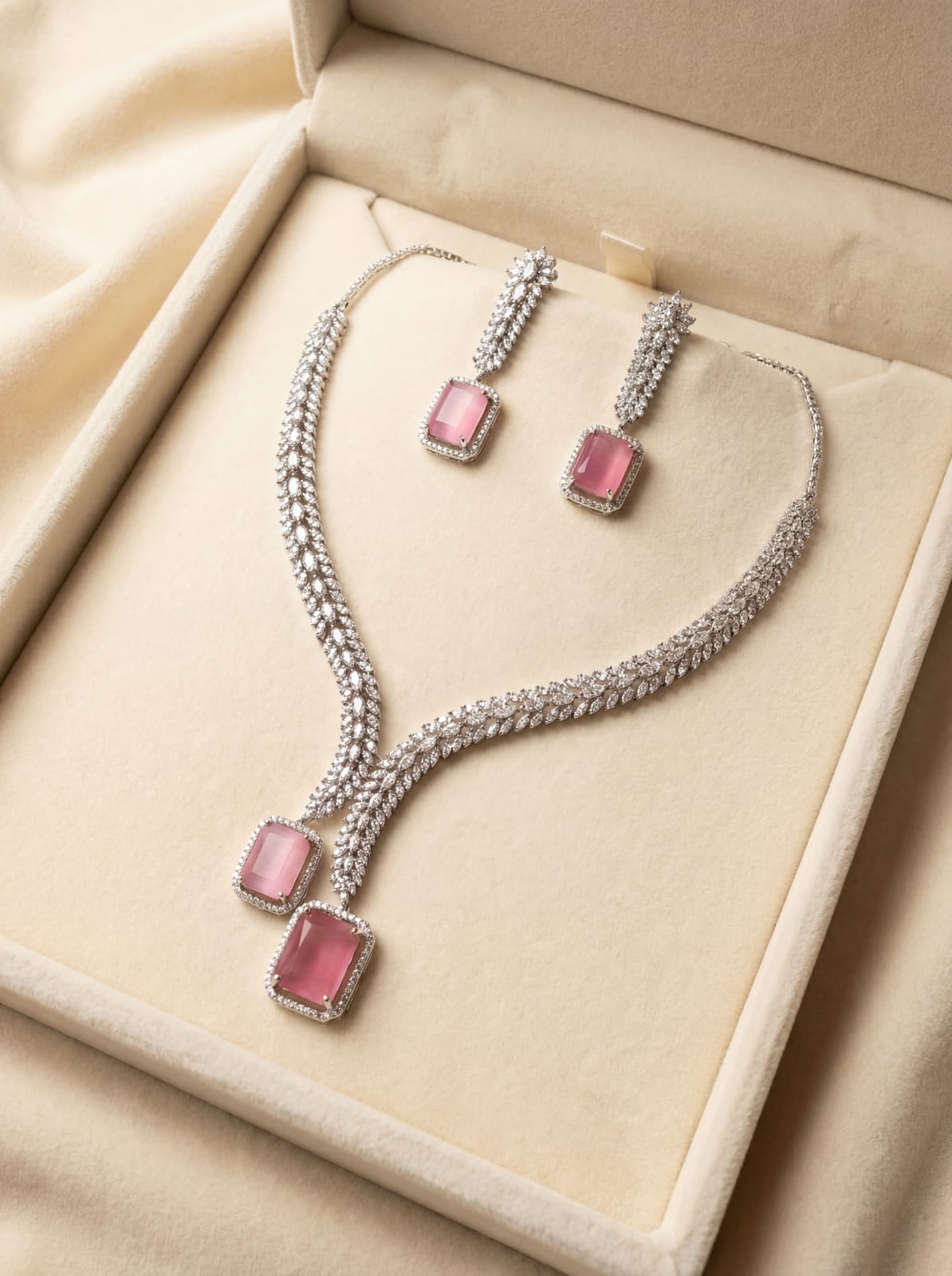 Pink Monalisa Glow – Silver Polish American Diamond Necklace Set