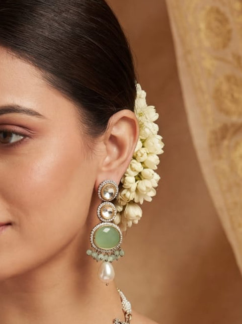 Mint Monalisa Kundan Necklace Set with Real Beads Mala