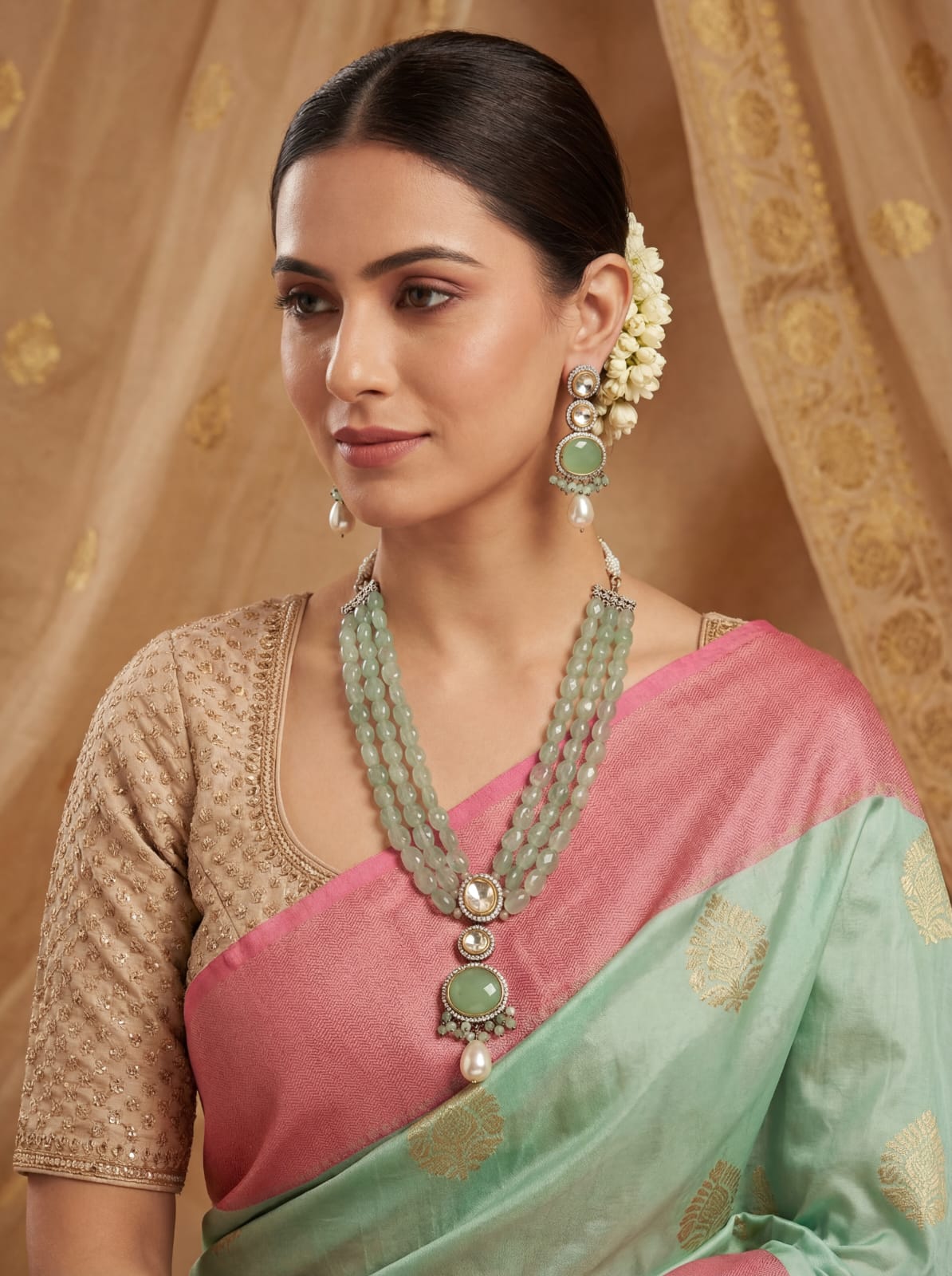 Mint Monalisa Kundan Necklace Set with Real Beads Mala