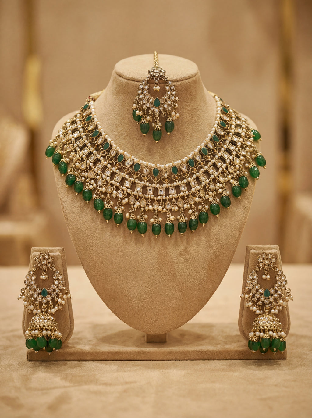 Reverse American Diamond Necklace Set with Emerald Drops & Maang Tikka