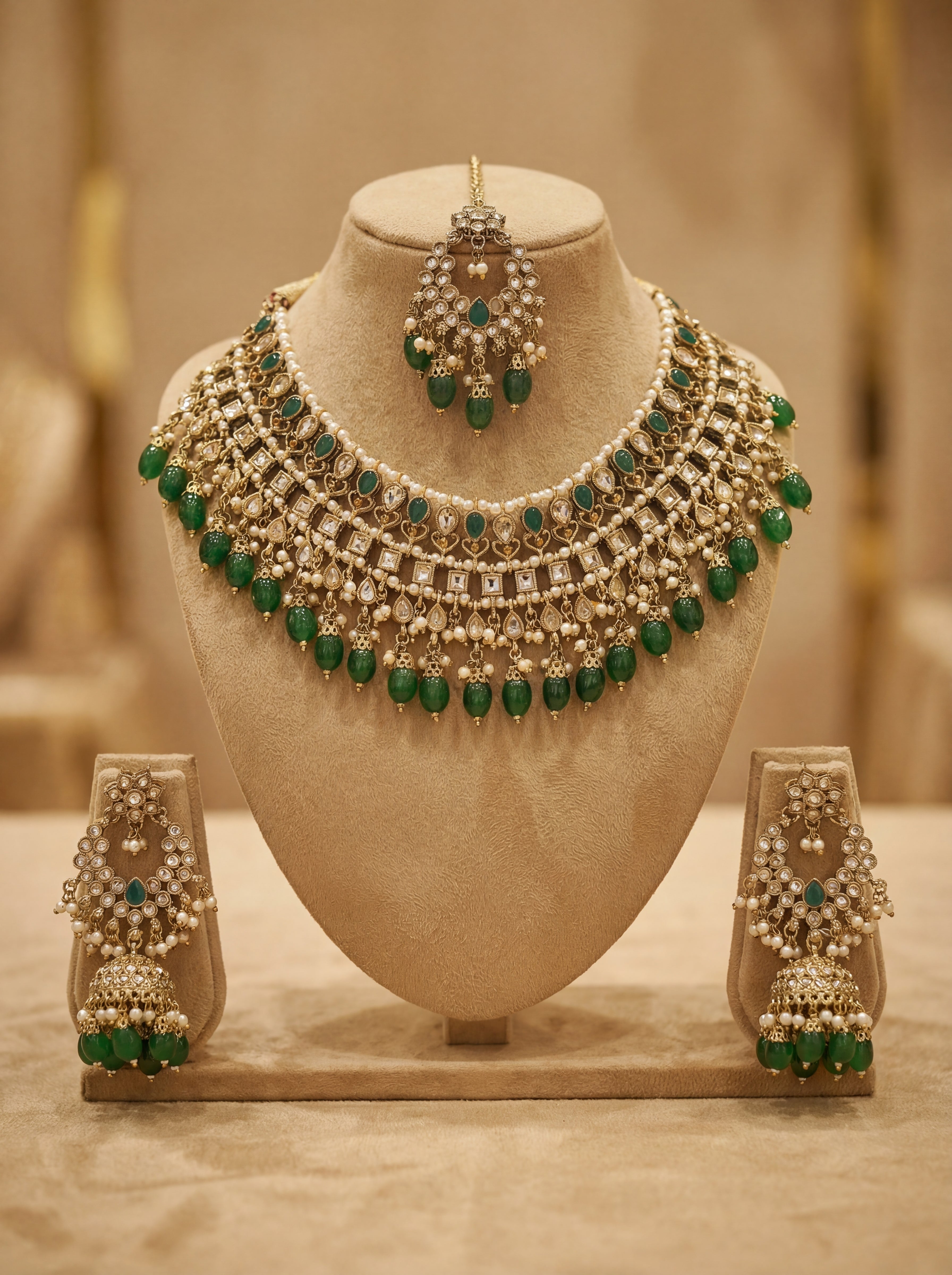 Reverse American Diamond Necklace Set with Emerald Drops & Maang Tikka