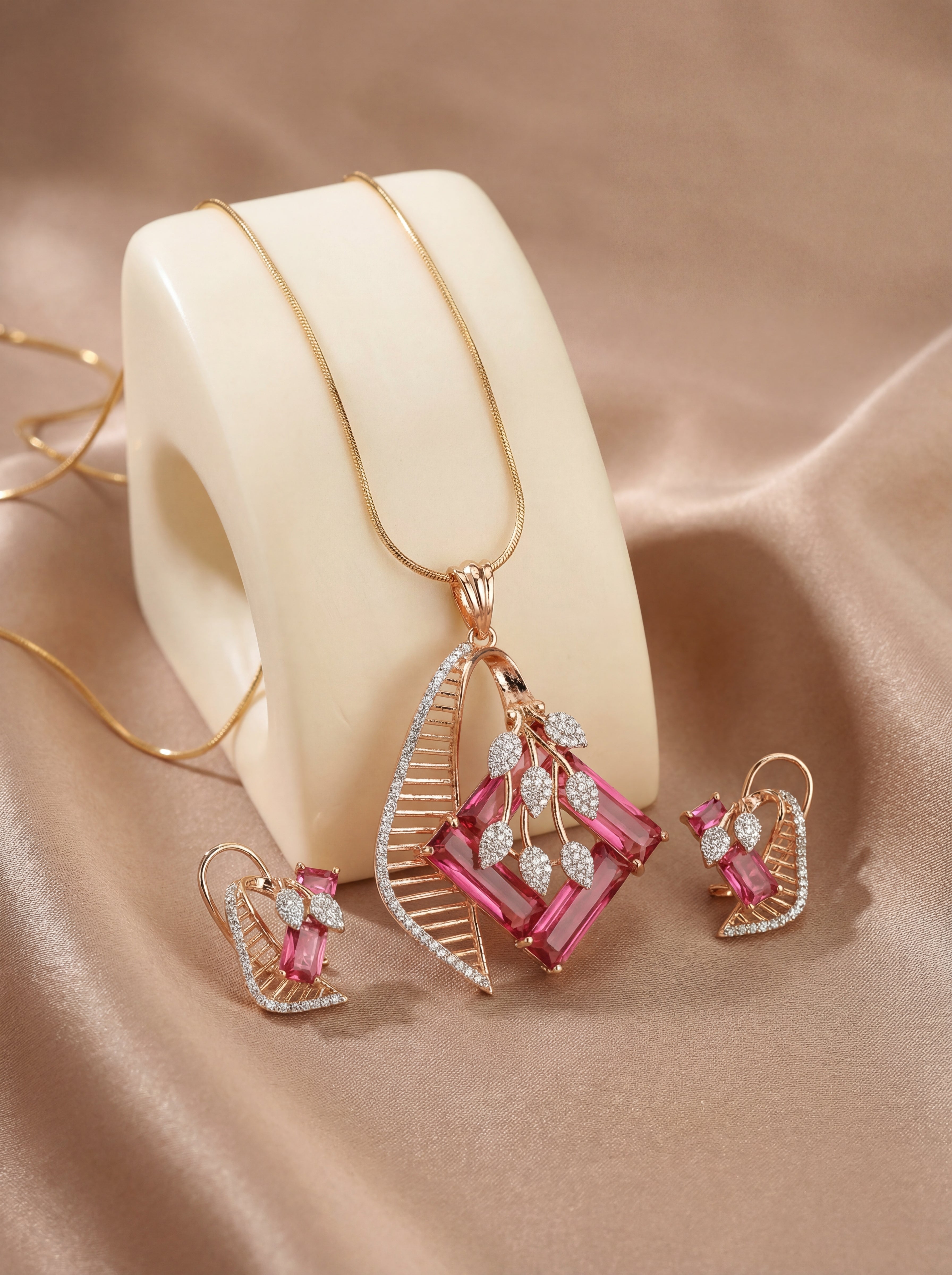 Premium American Diamond Pink Pendant and Earrings Set - Designer AD Jewelry at Taksh Exclusive Pune