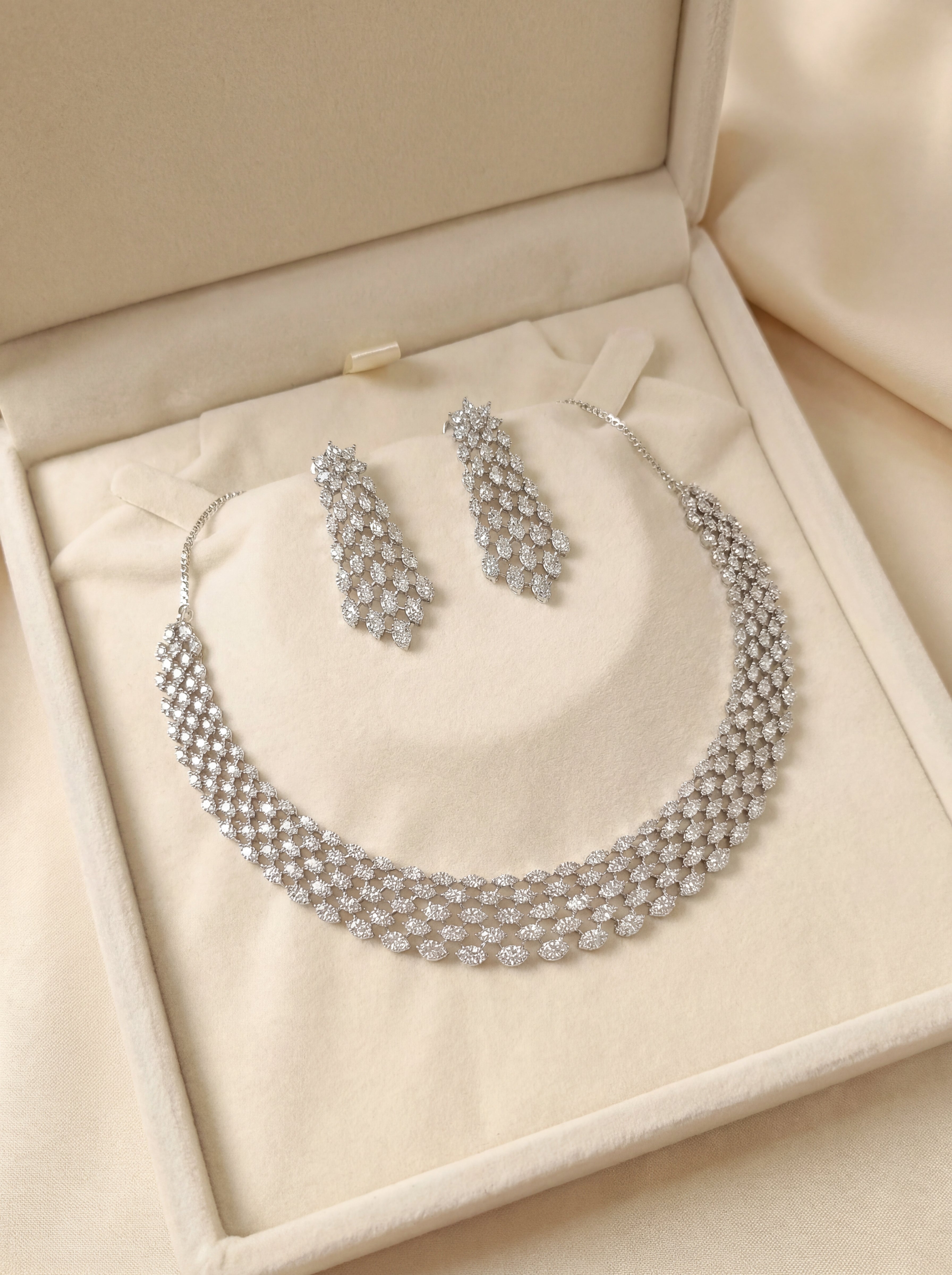 Celeste Sparkle Silver Polish American Diamond Necklace Set