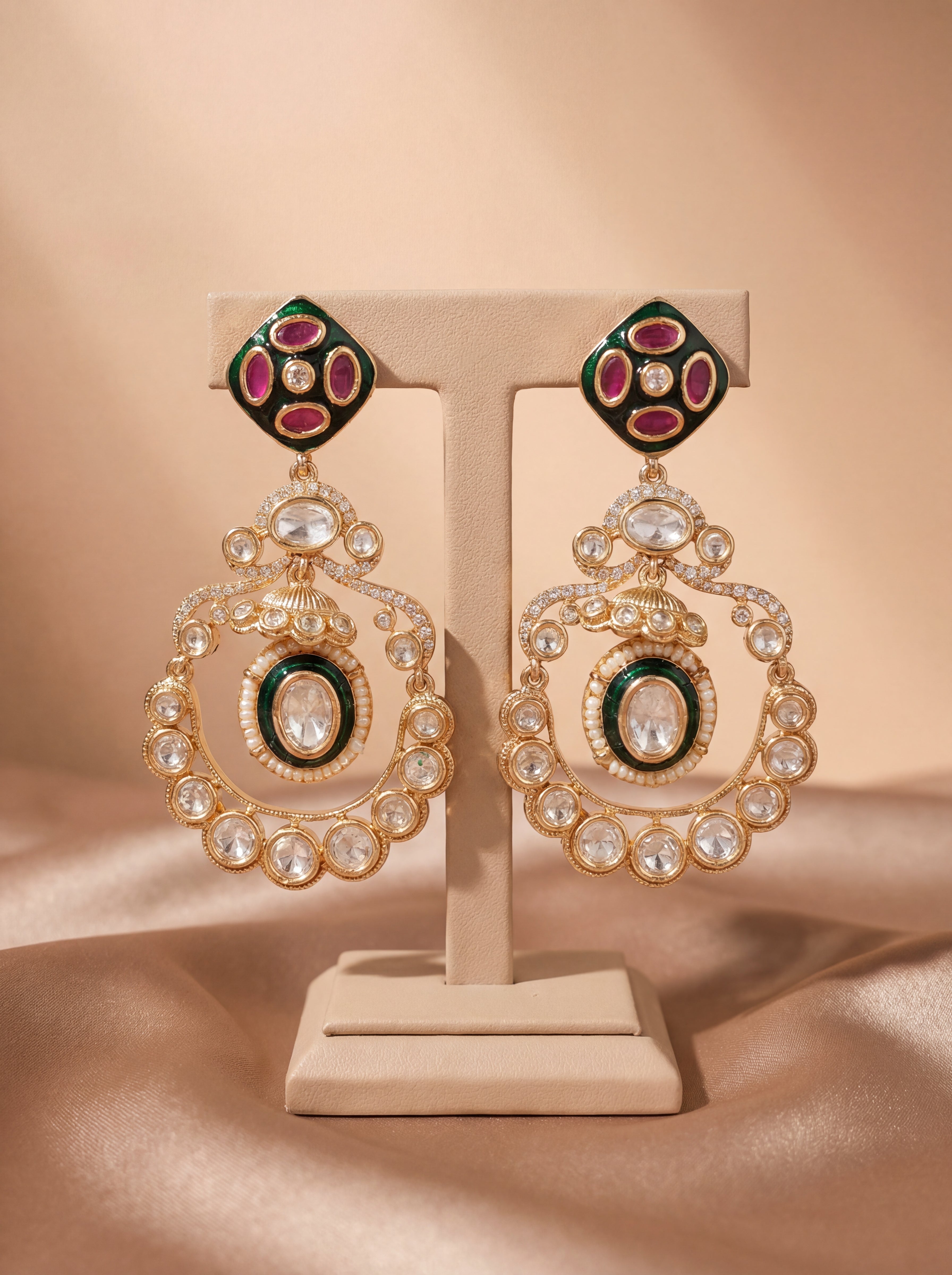 Royal Ruby-Green Kundan Pearl Drop Earrings