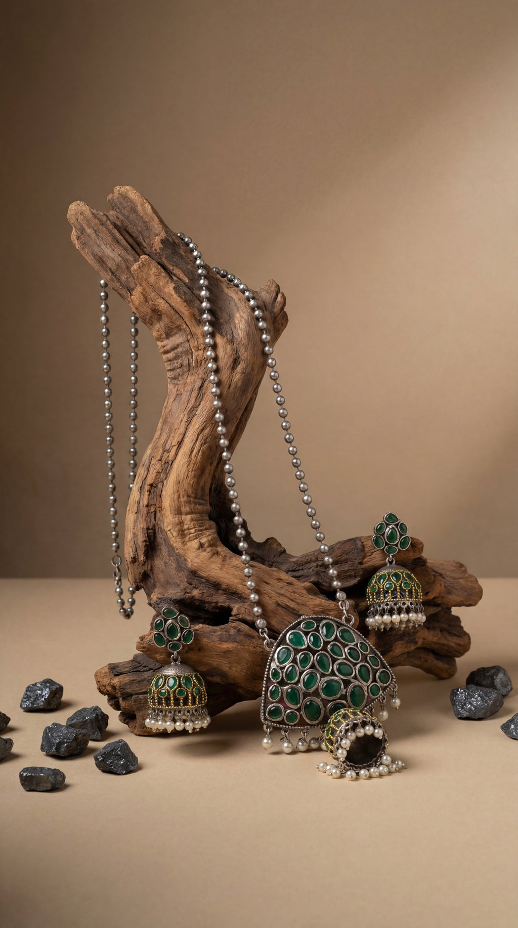 Contemporary Silver Replica Green Stone Jhumka Necklace Set