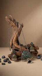 Contemporary Silver Replica Green Stone Jhumka Necklace Set