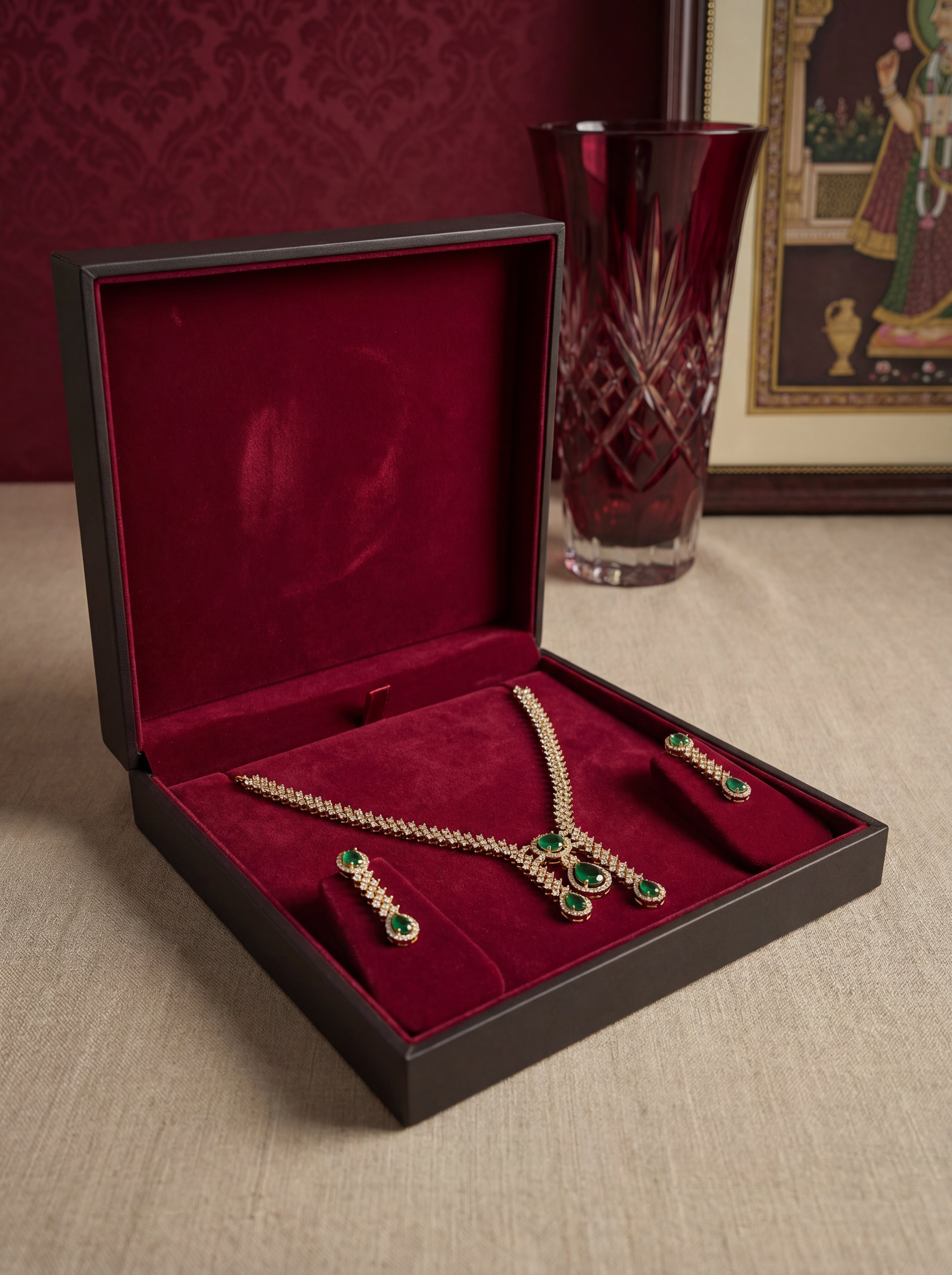 Elegant American Diamond Necklace Set in Ganga Jamuna Polish