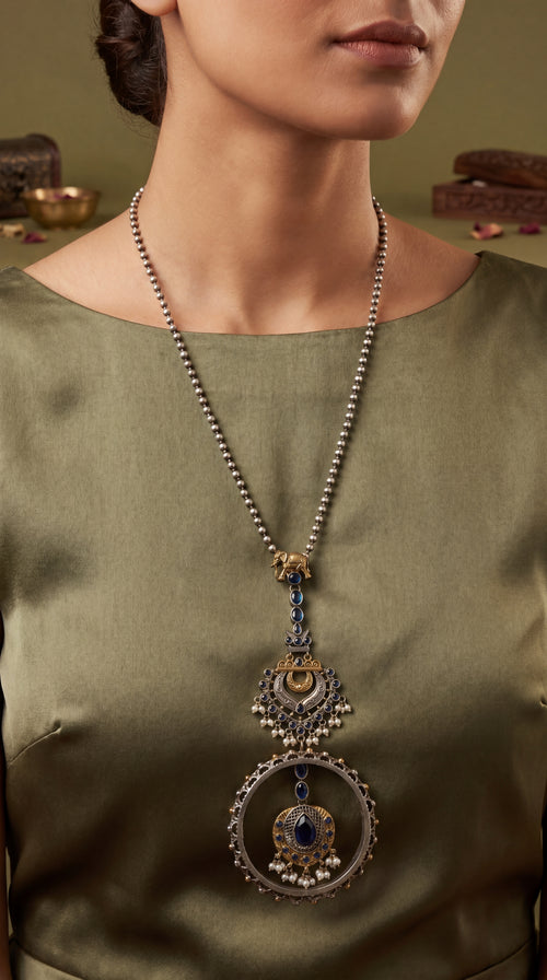 Dual Tone Long Statement Necklace – Midnight Blue