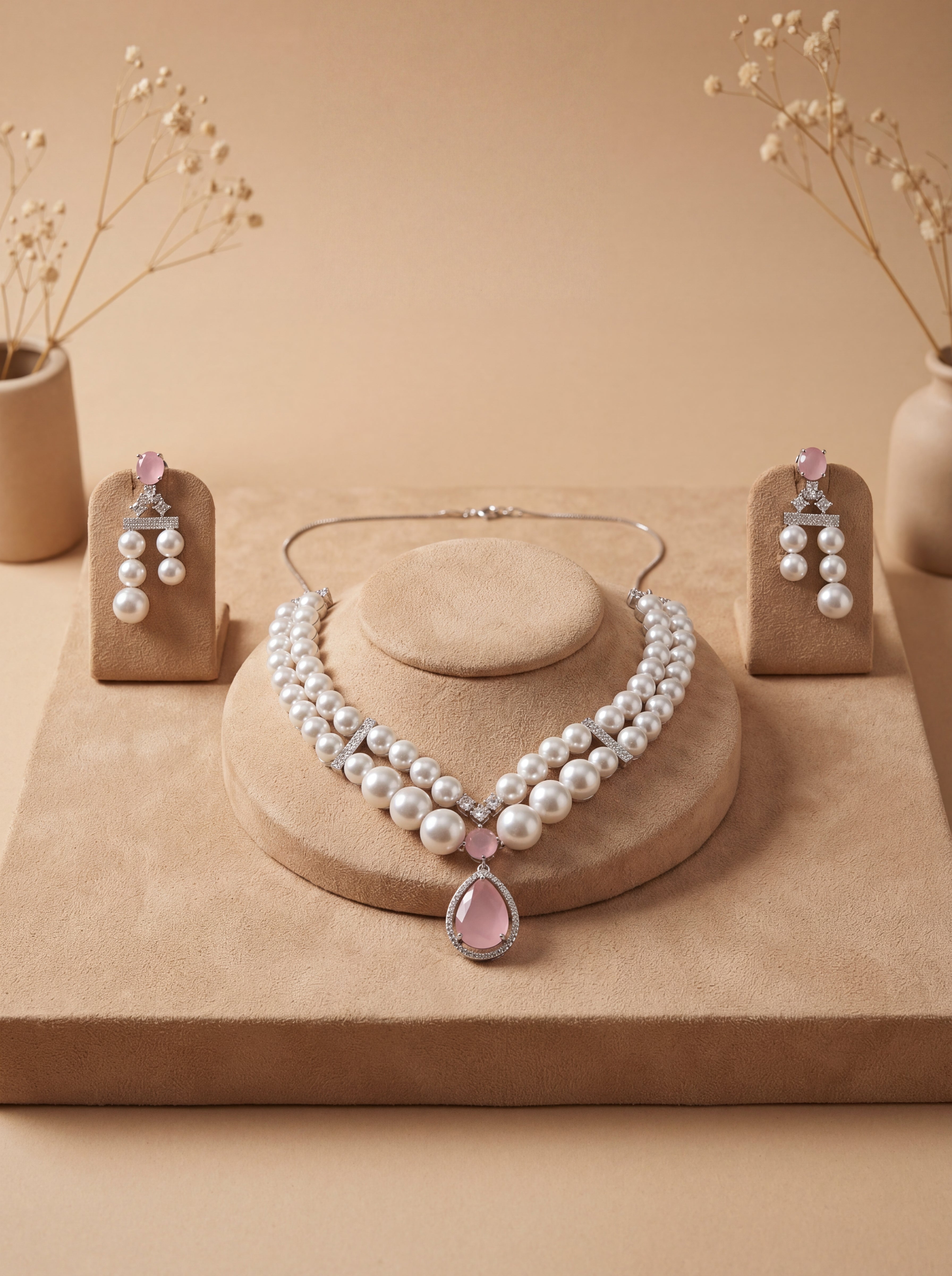 Luxury Double Layer Pearl Necklace Set with Blush Pink Pendant
