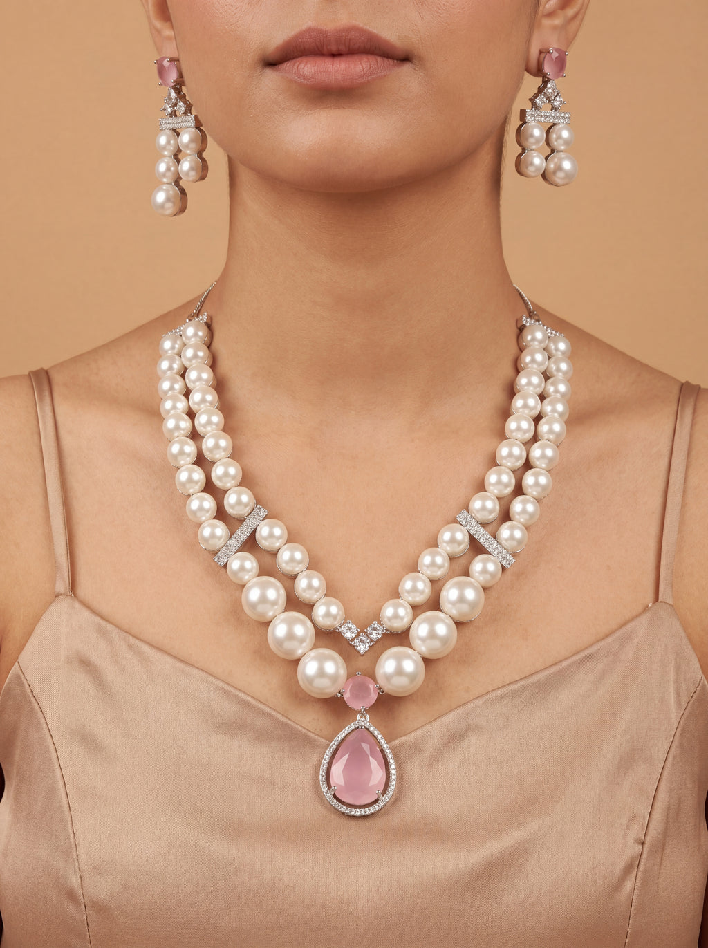 Luxury Double Layer Pearl Necklace Set with Blush Pink Pendant