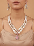 Luxury Double Layer Pearl Necklace Set with Blush Pink Pendant