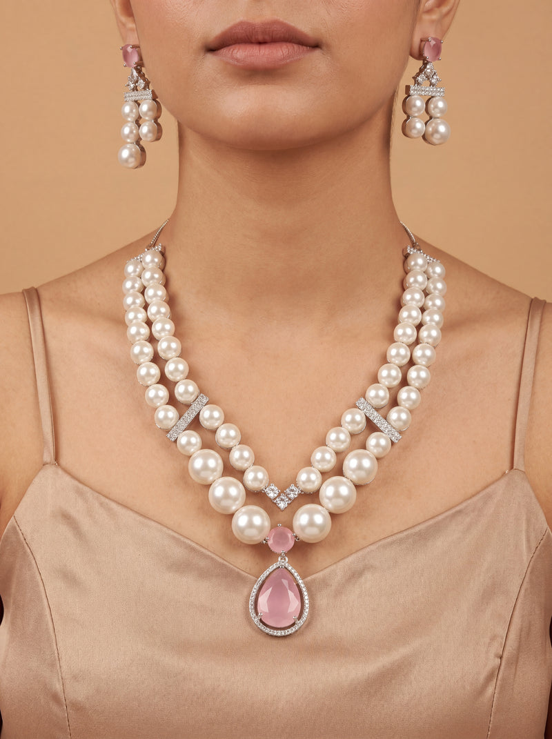 Luxury Double Layer Pearl Necklace Set with Blush Pink Pendant