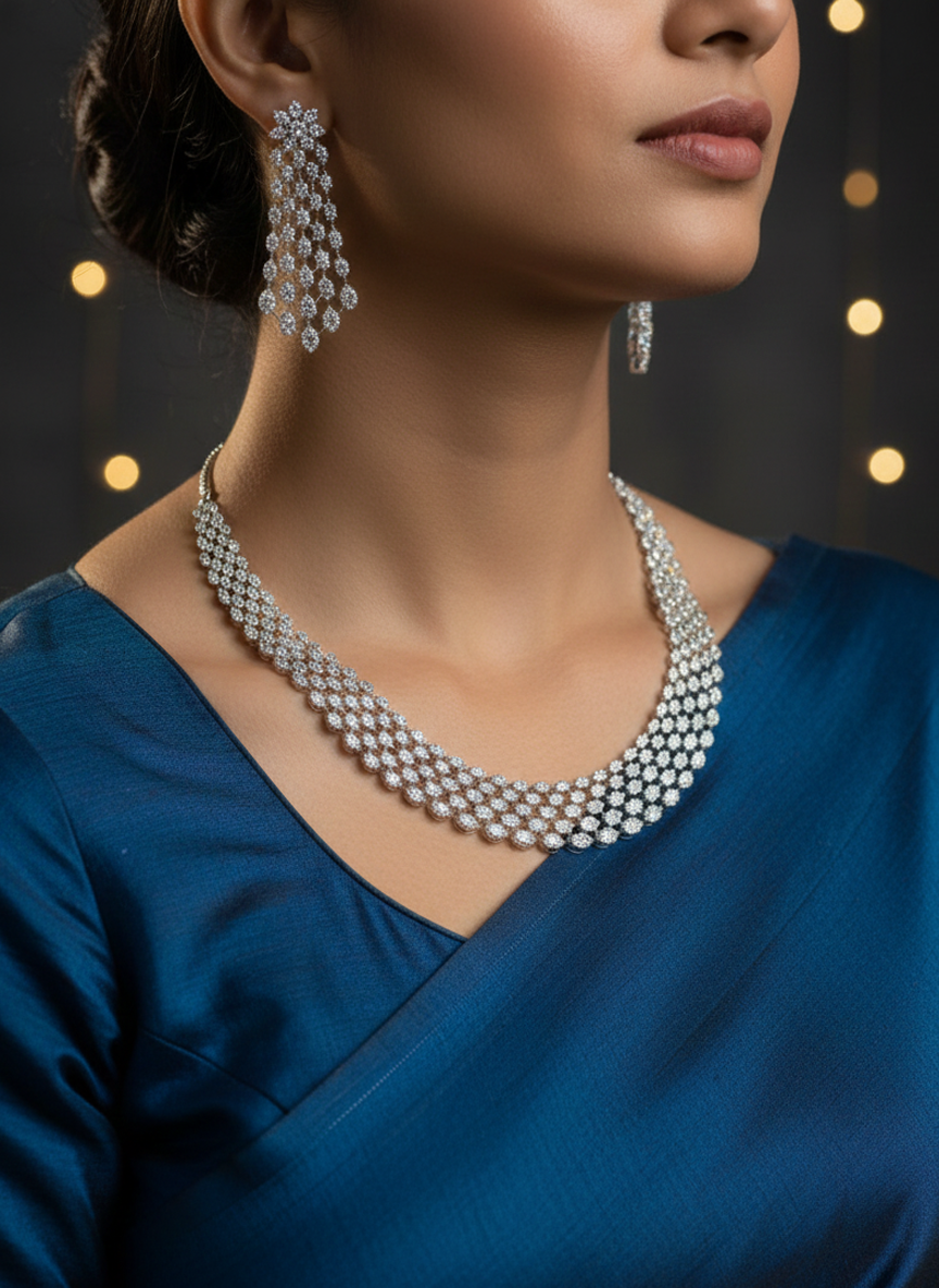 Celeste Sparkle Silver Polish American Diamond Necklace Set