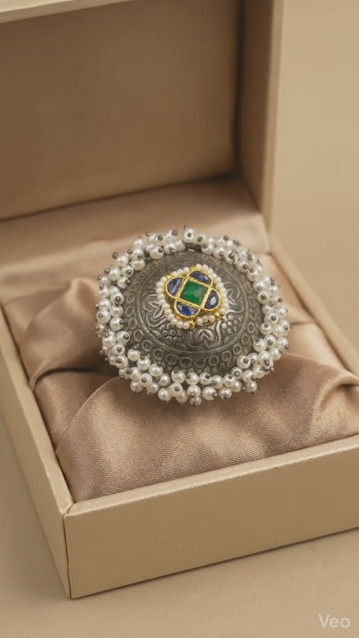 Big Size Antique Silver Replica Pearl Statement Ring